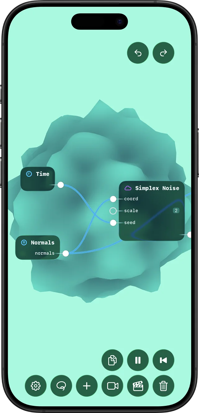 Mobile Subjective Designer screenshot showing connected graph nodes.