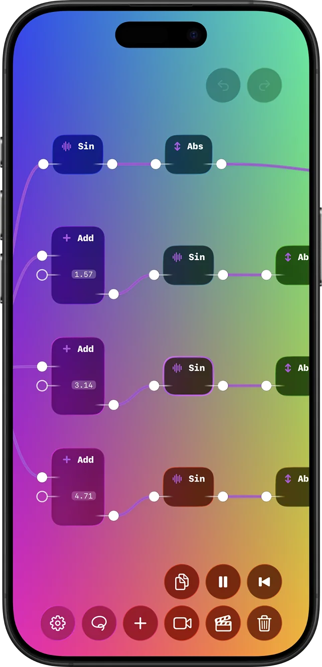 Mobile Subjective Designer screenshot with a colorful live visual.