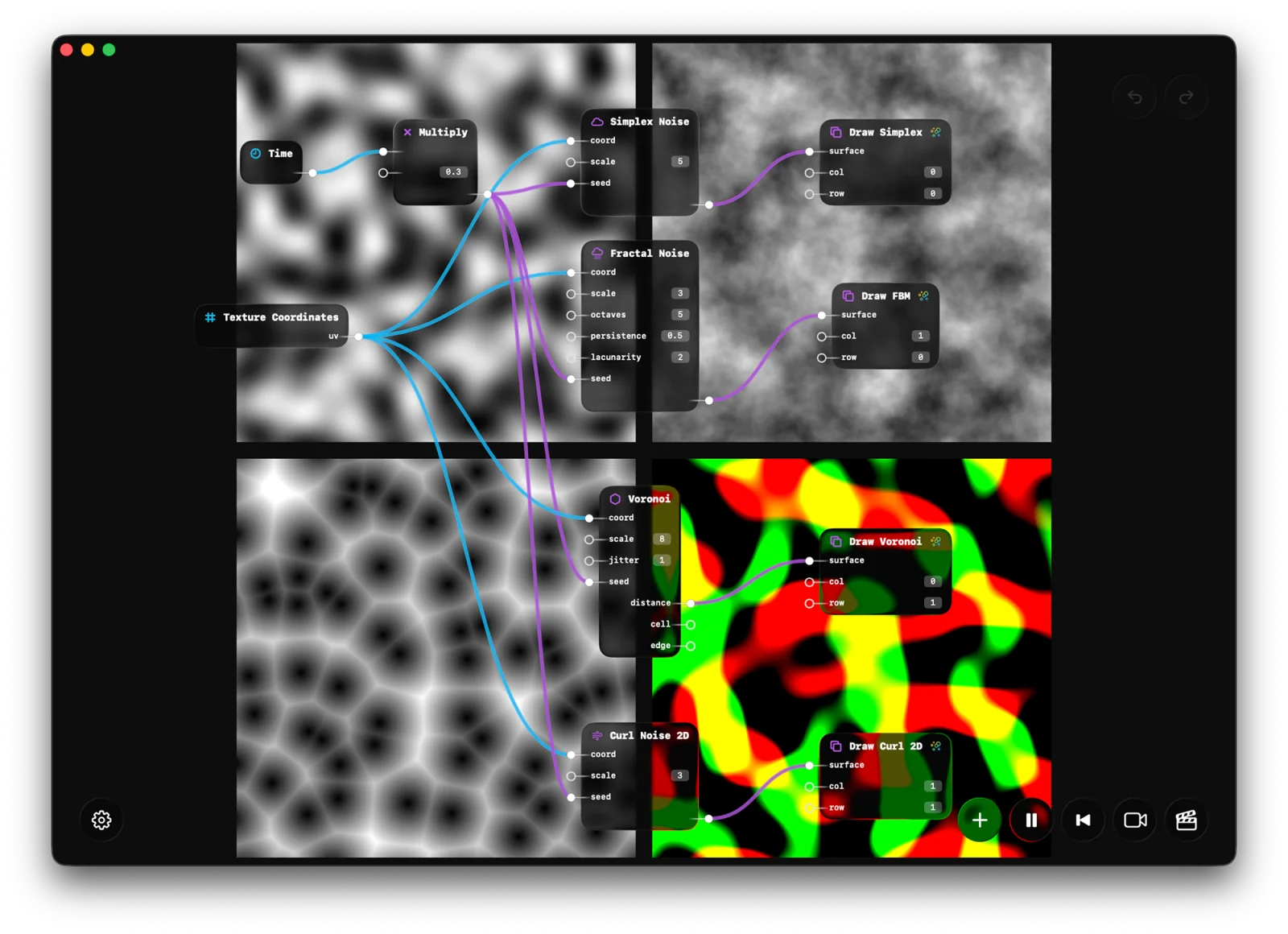 Wide node-based composition in Subjective Designer.