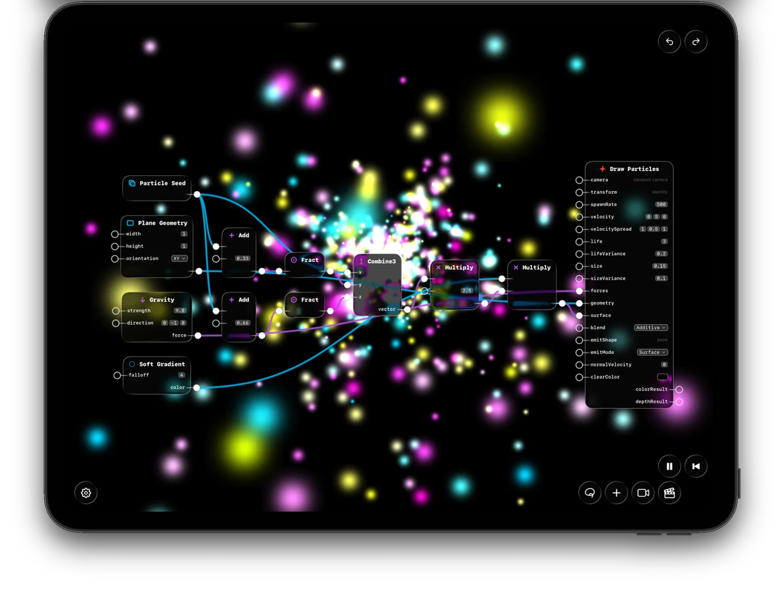 Desktop Subjective Designer screenshot with node graph and rendered effect.