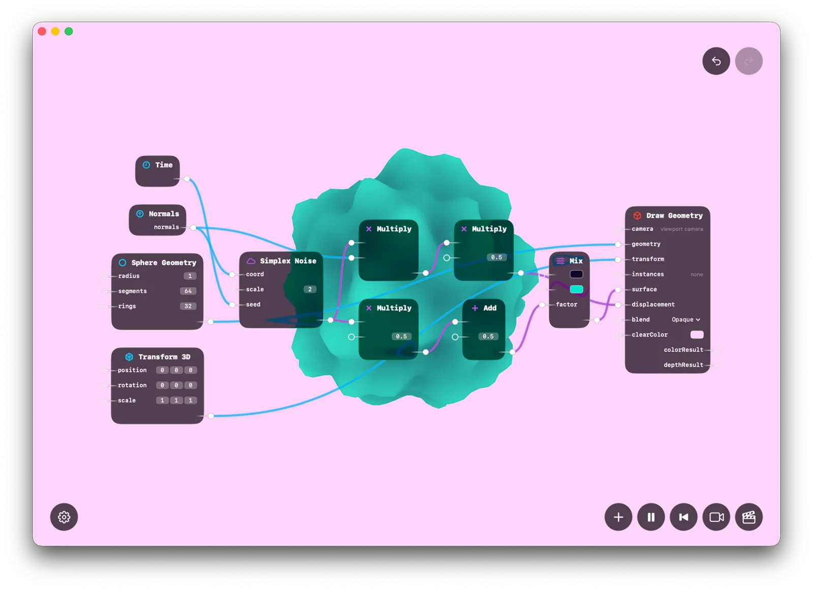 Desktop Subjective Designer node graph with a vivid rendered preview.